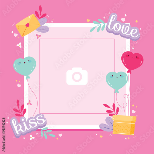 A colorful illustration of a photo frame with heart balloons and love-themed decorations on a pink background