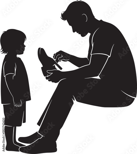 Father helping young son put on shoes, teaching independence and care, heartwarming family moment illustration.