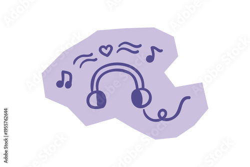 Hand drawn headphones with musical notes and heart icons representing audio entertainment and music listening for scrapbook and journal. Vector illustration design.