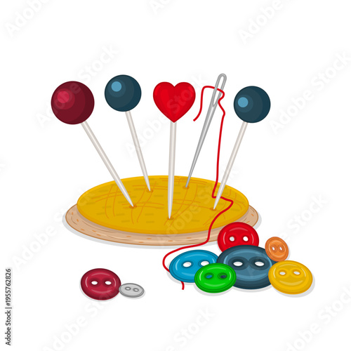 Pincushion with sewing pins on white background.  Sewing composition with mustard pincushion, colorful buttons and red heart pin and needle with red thread. Handmade sewing set. Vector illustration