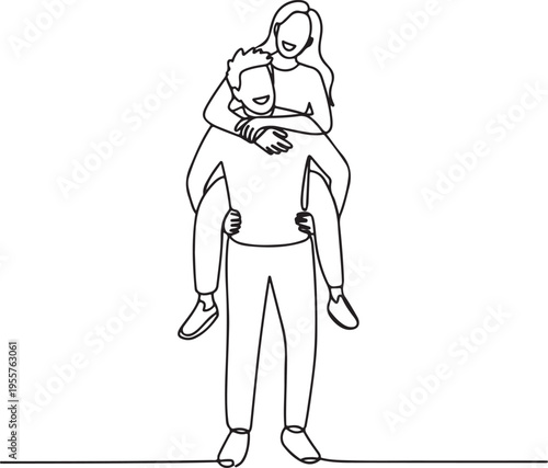 Continuous line drawing of a happy couple enjoying a piggyback ride, representing playful affection, fun, and a cheerful relationship