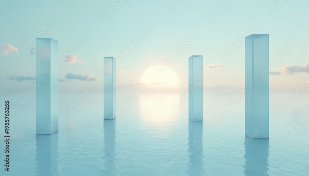 Fototapeta premium Four translucent pillars rise from calm blue water surface under soft pastel sky. Sun appears between two pillars, light reflects on water. Minimalist background scene.