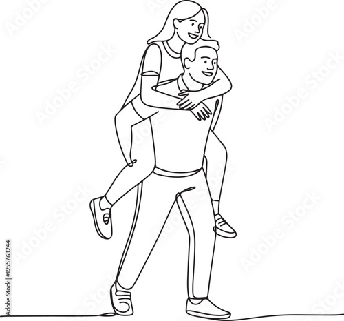 Continuous line art illustration of a happy man giving a joyful woman a piggyback ride, symbolizing playful affection, fun, and connection