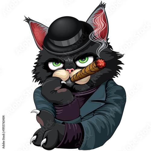 Cat Grumpy and upset Gangster Cartoon Character with a cigar and looking very annoyed - Vector illustration EPS
