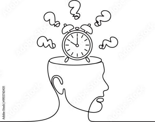 Line drawing of a human head with alarm clock and question marks, symbolizing time management, critical thinking, and unresolved dilemmas