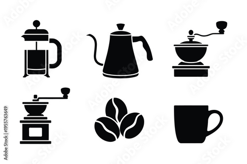 Coffee brewing equipment collection, black and white icons