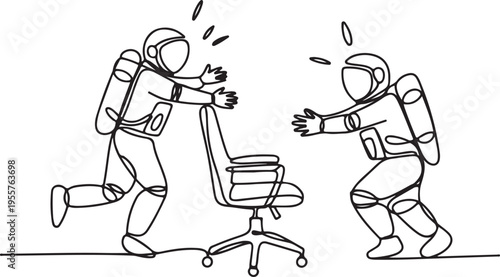 Continuous line art portrays two astronauts humorously racing towards an office chair, a visual metaphor for career competition and professional ambition