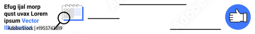 Review process, task approval, project planning, quality assurance, workflow management, performance evaluation. Magnifying glass examining a calendar and thumbs up icon. Review process and task