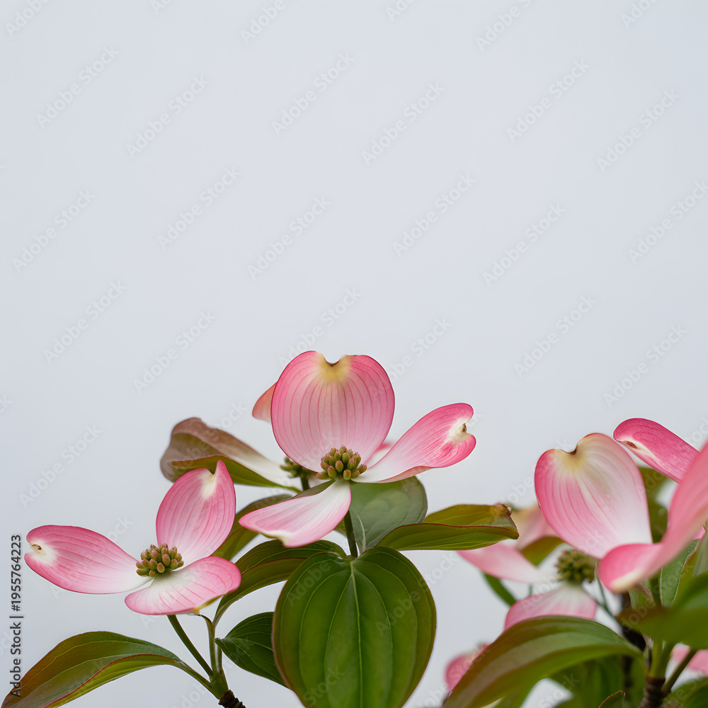 Obraz premium Pink dogwood blossom branch with delicate petals and green leaves on neutral gray background — botanical flower studio portrait
