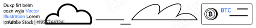 Cryptocurrency, blockchain, digital wallets, cloud connection, fintech, decentralized transactions. Minimalist design a cloud and Bitcoin symbol. Cryptocurrency and blockchain concept