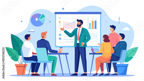 Business meeting presentation with man speaking before team, project discussion flat colorful vector illustration