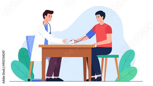 Doctor measuring patient blood pressure, healthcare checkup concept, flat colorful vector illustration