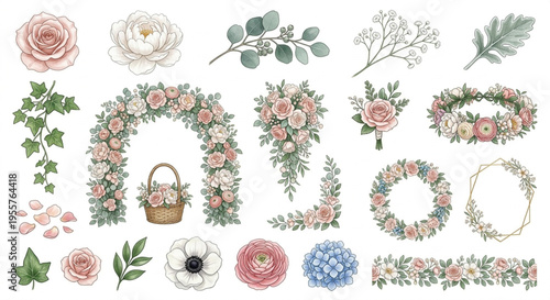 Romantic Wedding Floral Botanical Watercolor Clipart Vector