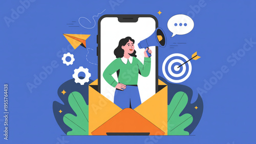 Email marketing concept with woman inside envelope and smartphone, digital communication campaign strategy flat vector illustration design