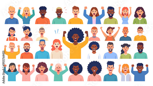 Set of angry men and women expressing aggression and frustration, negative emotions flat colorful vector illustration