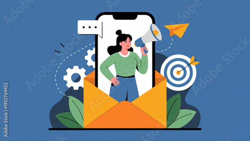 Email marketing concept with woman inside envelope and smartphone, digital communication campaign strategy flat vector illustration design