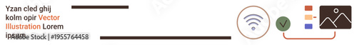 Wireless connectivity, online verification, document authentication, digital workflow, data management, secure online processes. wireless symbol, checkmark badge and digital elements. Wireless