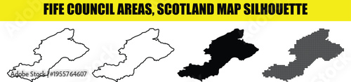 Fife council areas scotland map silhouette illustrations, white outline, black fill, dotted