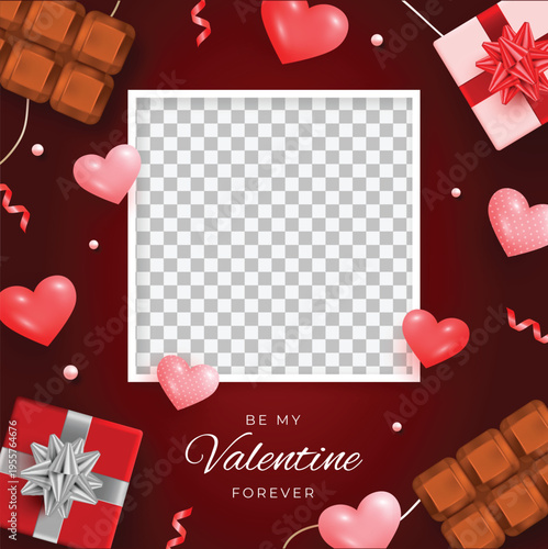 A loving couple embracing each other on a romantic Valentine's Day background with hearts and gifts
