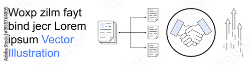 Business collaboration, data sharing, corporate partnerships, network organization, workflow optimization, teamwork. Illustrated handshake, document organization. Business collaboration data sharing