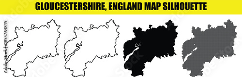 Gloucestershire England map silhouette vector set featuring four creative graphic design versions on grid background