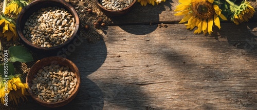 Sunflower seeds in wooden bowls with sunflowers on rustic wooden background