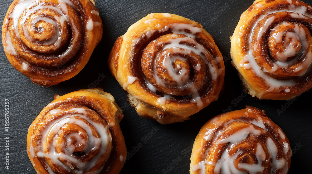 Fototapeta premium Warm cinnamon rolls with sugar drizzle rest on dark stone
