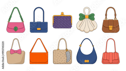 Set of Stylish Women Handbags and Fashion Purses Including Clutches Totes and Shoulder Bags for Accessories Shopping Concept Flat Vector Illustration