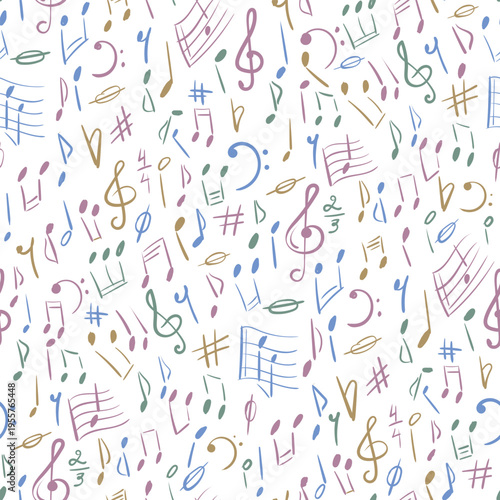 Musical seamless pattern. Background with hand-drawn music notes, clefs, sharps, flats, and staff lines in soft pastel colors. Design for music school decor, concert posters, wallpaper, textile.
