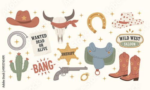 Wild west set. Flat design set with cowboy hat boots handgun cactus lasso saloon signboard cow. Hand drawn colored Vector set. All elements are isolated