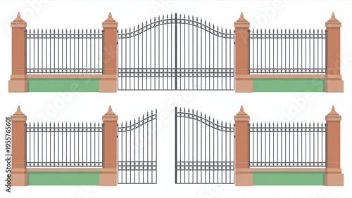 Classic Metal Gate and Fence with Stone Pillars Set for Residential Mansion or Garden Security and Architectural Design Flat Vector Illustration