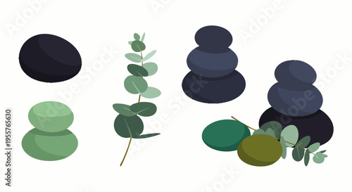 Zen spa stones and fresh eucalyptus leaves vector illustration set. Natural wellness elements for massage, aromatherapy, and relaxation design.
