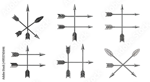Collection of black and white arrow illustrations arranged in various directional patterns