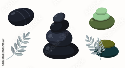 Vector illustration of spa stones, balanced cairns, and natural leaves for relaxation, wellness, and meditation concepts, isolated on white background.