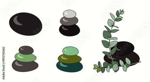 Vector illustration of smooth spa stones stacked in cairns with eucalyptus leaves, symbolizing balance, relaxation, and natural wellness.