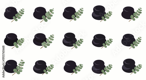 Seamless pattern featuring elegant black ceramic pots paired with fresh green eucalyptus branches, creating a calming and natural minimalist design.