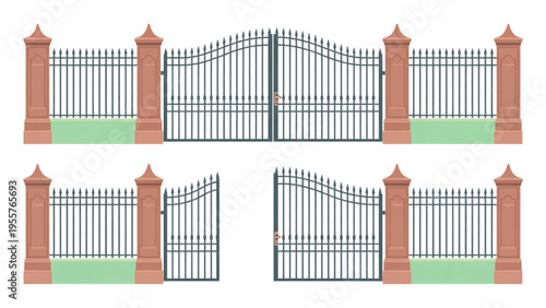 Classic Metal Gate and Fence with Stone Pillars Set for Residential Mansion or Garden Security and Architectural Design Flat Vector Illustration