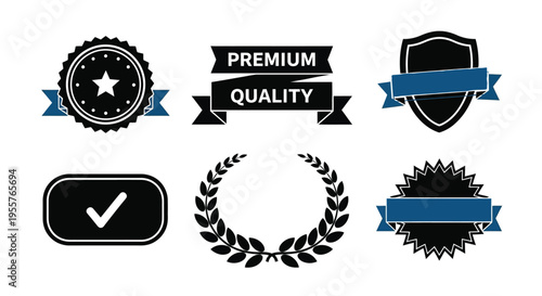 Collection of black and blue badges seals and emblems representing quality assurance
