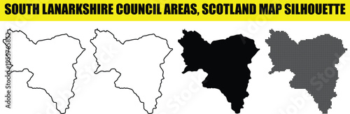 South lanarkshire council areas scotland map silhouette illustrations, white outline, black fill, dotted