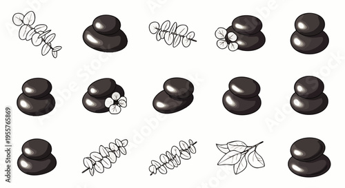 Collection of smooth black spa stones and delicate eucalyptus leaves, symbolizing wellness, relaxation, and natural balance for health and beauty concepts.