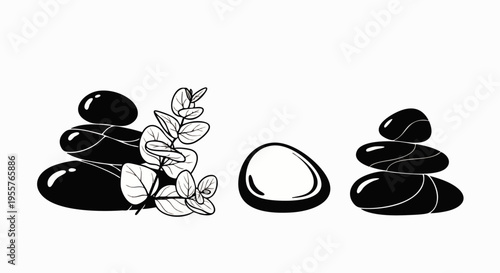 Spa stones with eucalyptus leaves, balanced zen pebbles, and single smooth stone vector set. Wellness, meditation, and relaxation concept graphic.