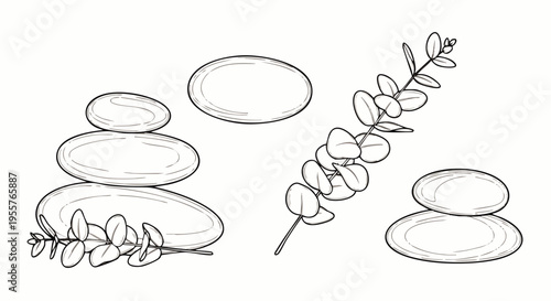 Vector line art illustration set of zen stones, stacked pebbles, and eucalyptus branches. Ideal for spa, wellness, relaxation, nature, balance, and meditation designs.