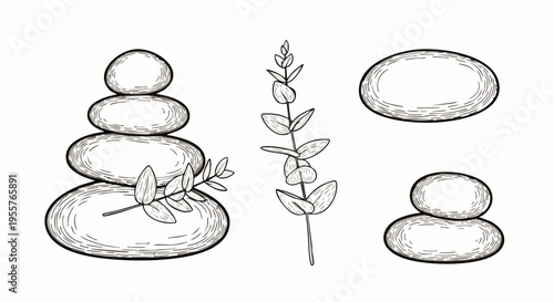 Hand-drawn vector illustration set of stacked zen stones and eucalyptus branches, perfect for wellness, spa, meditation, and nature-themed designs.