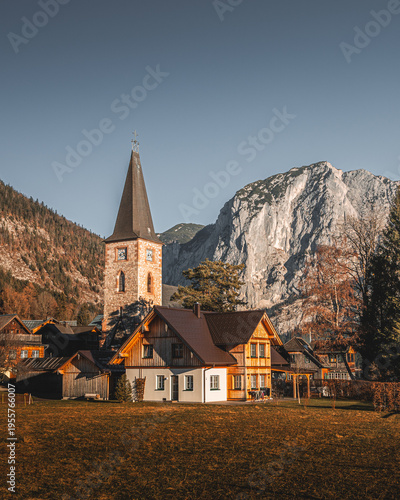 Austrian village next to mountain cliff