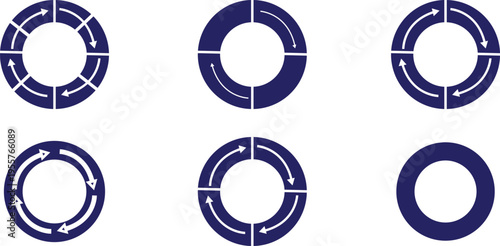 A set of six circular arrow diagrams on a white background.