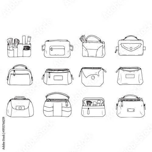 Various stylish makeup and toiletry bag designs with different closures and compartments