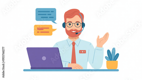 Customer Service Support Representative Wearing Headset Working on Laptop with Speech Bubbles for Online Assistance Concept Flat Vector Illustration