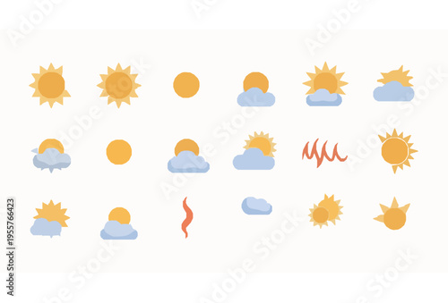 Cute sun weather flat icons set cartoon style summer climate vector collection