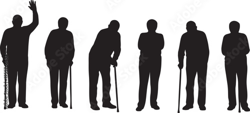 Aging and Senior Care Silhouettes – Older Men and Women Posing and Waving Vector