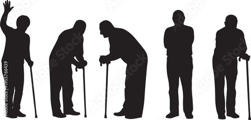 Elderly People Silhouette Set – Senior Citizens with Walking Canes and Sticks
